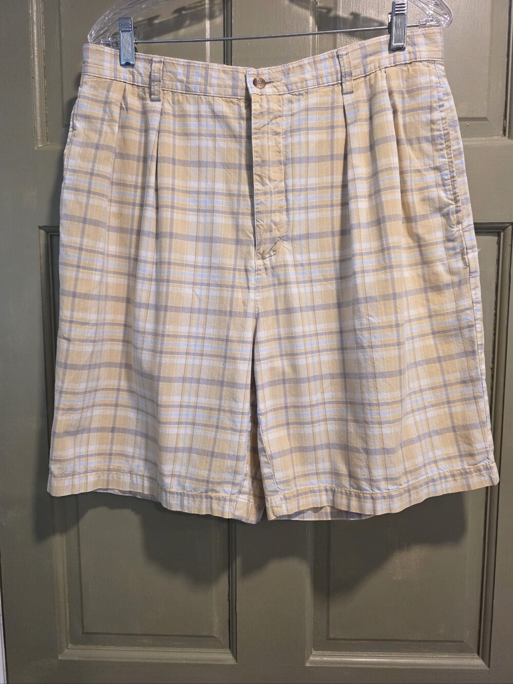Vintage 90s Old Gap Pleated Plaid Chino Shorts Men's 34 Yellow Blue Cotton